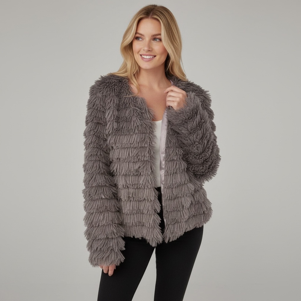 Grey Shaggy Fringe Statement Jacket - Size Medium